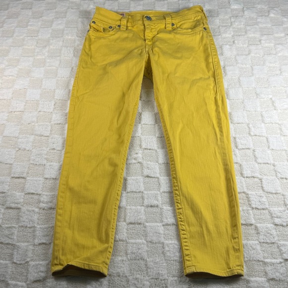 True Religion Jeans Women's Yellow Denim Skinny Leg American Flag Patch 29 - Picture 1 of 16
